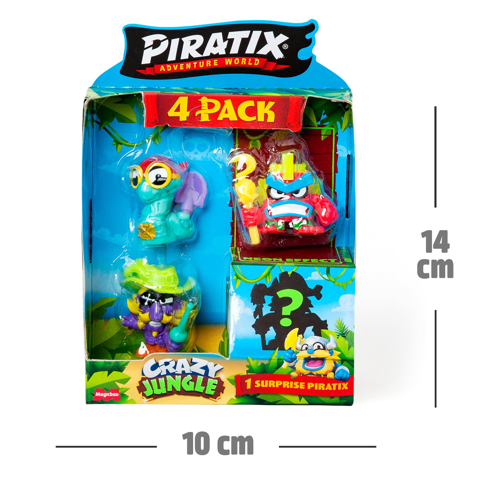 PIRATIX ADVENTURE WORLD Seria Crazy Jungle, 4 Pack – zestaw zawiera 4 figurki Piratix: 1 z efektem neonu i 1 niespodziankę oraz 4 akcesoria z efektem neonu. Zestaw 2 z 6