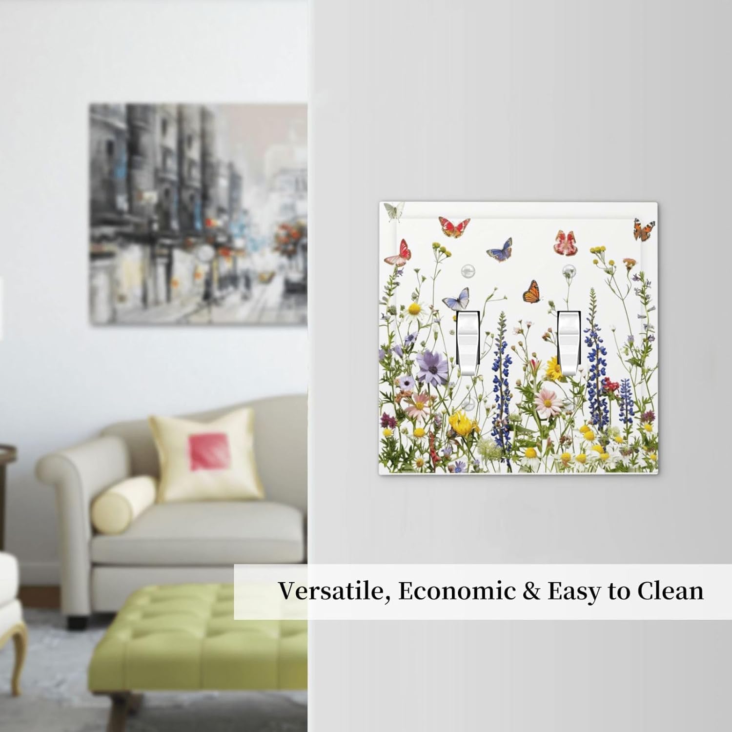 Boho Butterfly Wild Flower Floral Garden Decorative Light Switch Cover Plates 2 Gang Double Toggle Wall Plate Cover Electrical Device Faceplate Bedroom Kitchen