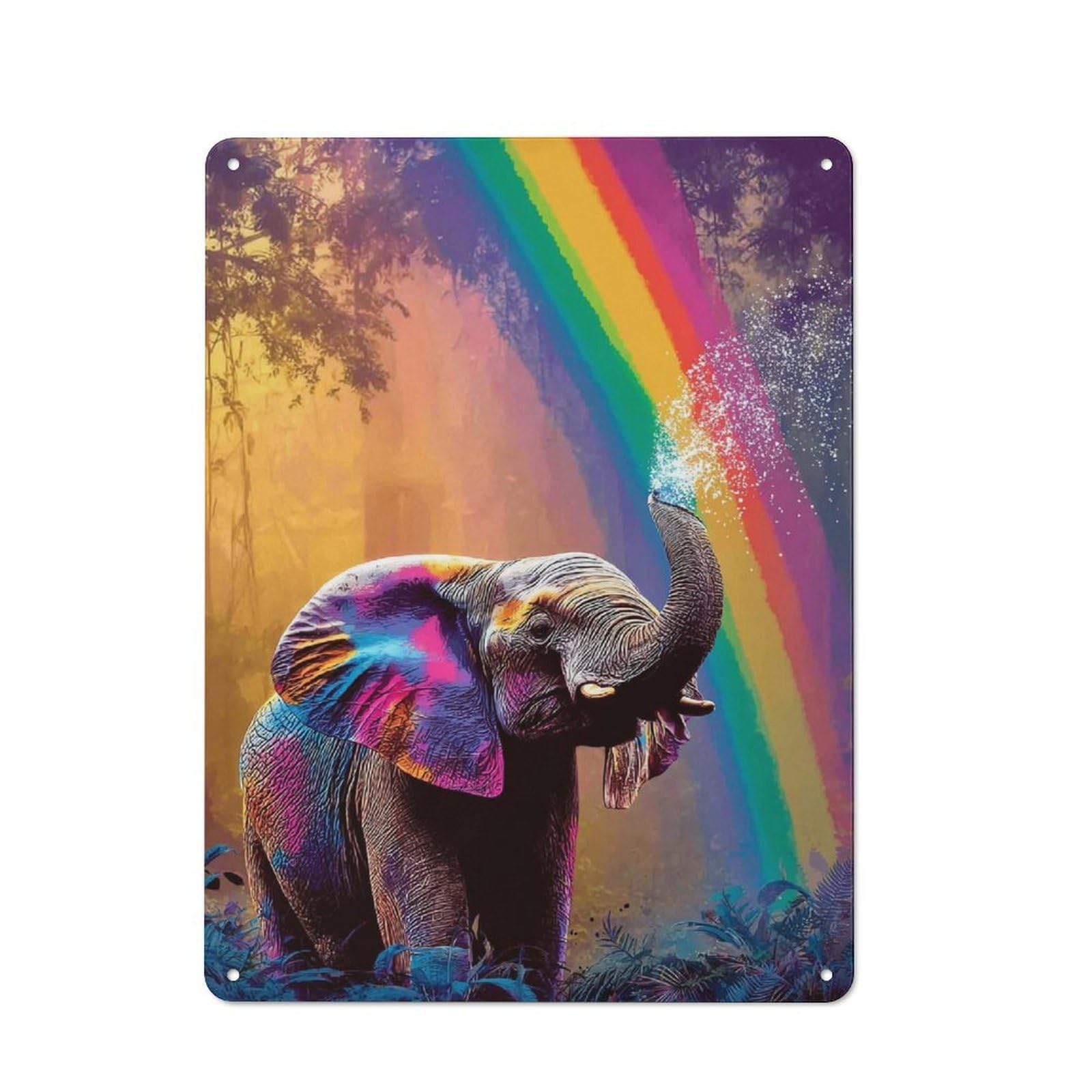 Junmoney Rainbow Elephant In Forest Vintage Metal Sign 40X30cm For Lounge Or Reading Corner, For Garage, Workshop And Man Cave Decoration