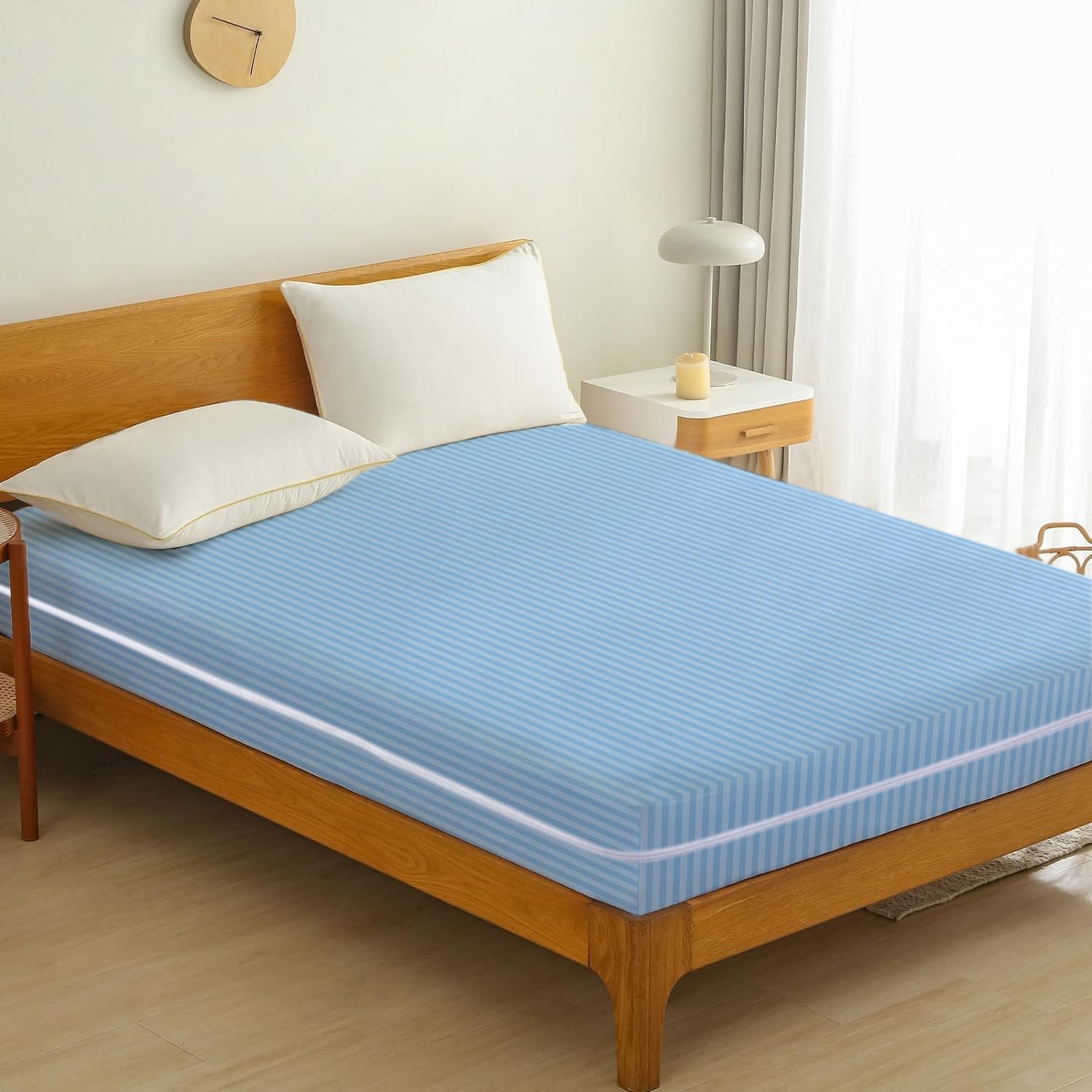 Protège-matelas en satin à rayures avec fermeture éclair double face - Housse complète anti-punaises de lit - Housse de matelas de 30 cm de profondeur avec fermeture éclair - Bleu - Lit double