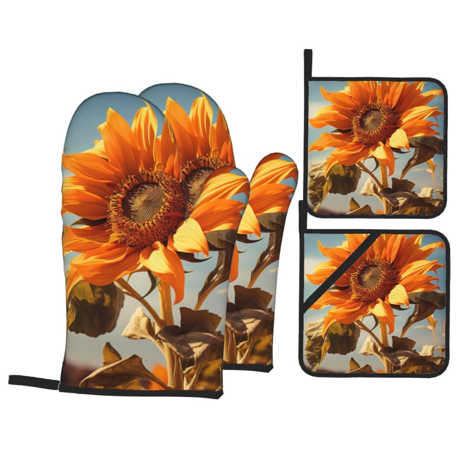 Beautiful sunflower Print 4-Piece Oven Microwaving Set Waterproof Kitchen Gloves for Baking Grilling Cooking