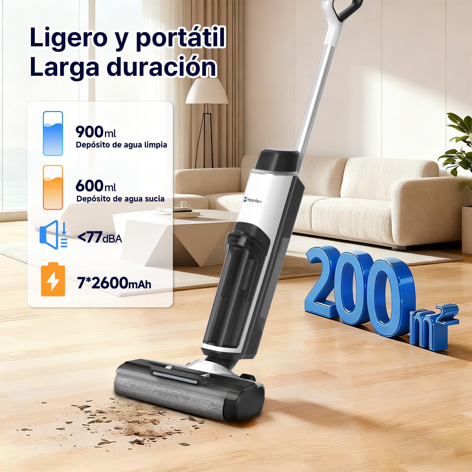 Hearten Aspiradora Fregadora Sin Cable, Desinfección con Agua Electrolizada, Diseño Autopropulsado Fregona Electrica, Autolimpieza, LED, Navegación por Voz, de Bordes, para Suelos Duros,Madera y más