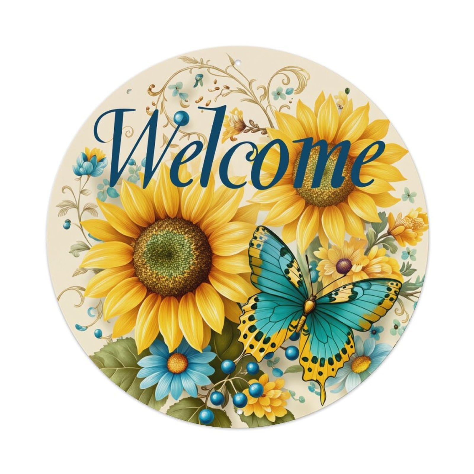 Sunflower Butterfly Floral Welcome Pattern Round Tin Sign Retro Metal Sign for Cafe Bar Pub Home Game Room Gym Club Wall Decoration Vintage Metal Poster 8x8 Inch