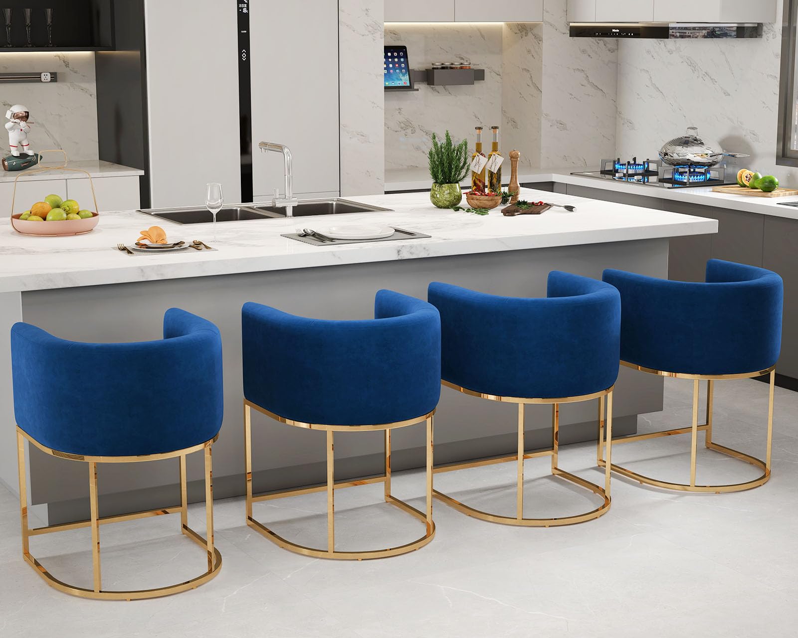 Modern Counter Height Velvet Fabric Upholstered Counter Stools Set of 4, 24  Inch Kitchen Island Stool with Gold Finish Metal Frame, Navy Blue