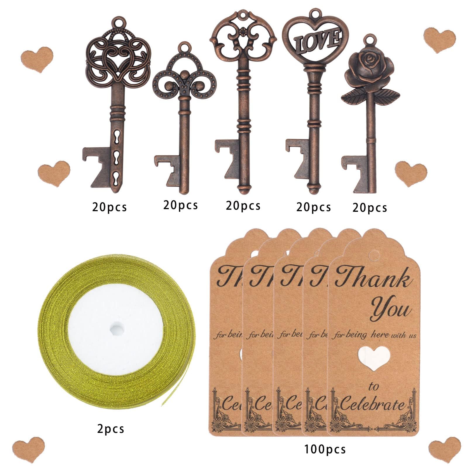 100 Stück Vintage Schlüssel Flaschenöffner Hochzeit Party Geschenk Set mit Danke Karten für Gäste, Tischdeko, Taufe, Geburtstag, Kommunion, Hochzeitsgeschenk und Gastgeschenke Zubehör (Antikes Kupfer)