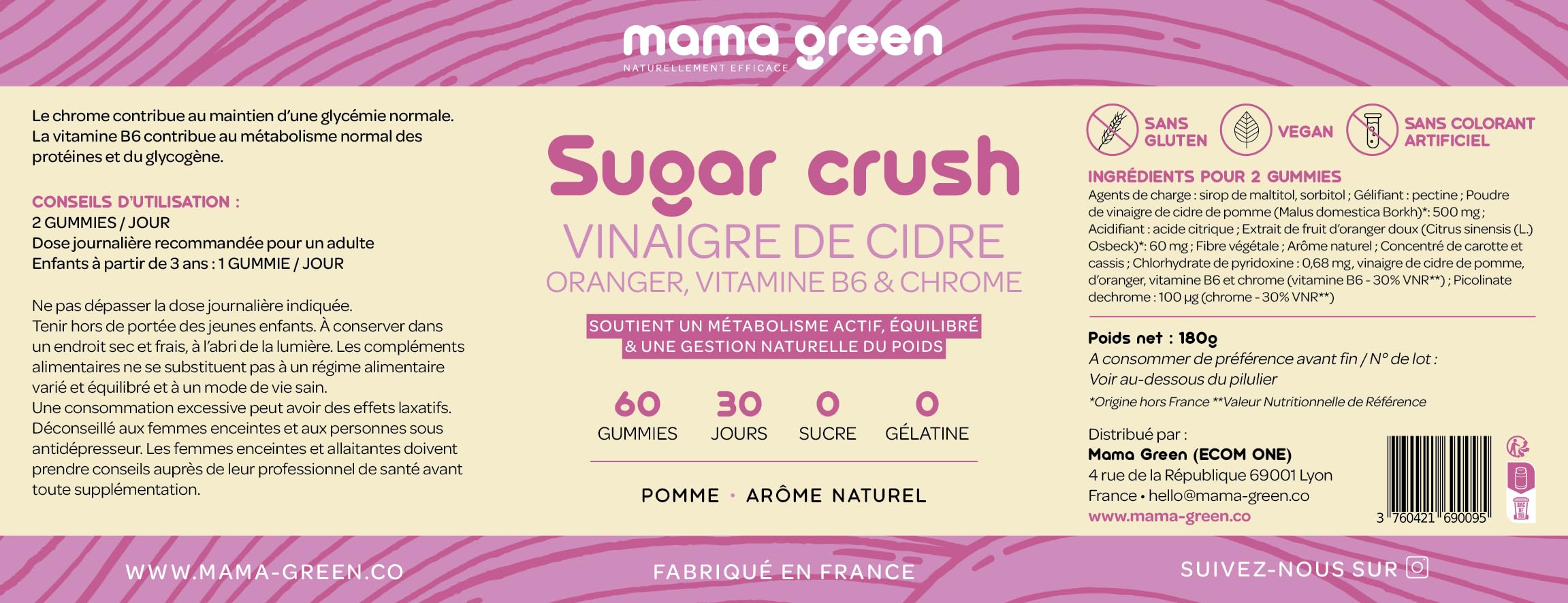 Mama Green - Gummies Sugar Crush - Vinaigre de cidre – Gestion du métabolisme - 60 gummies - Sans sucre – Sans colorants et arômes artificiels - Fabriqué en France