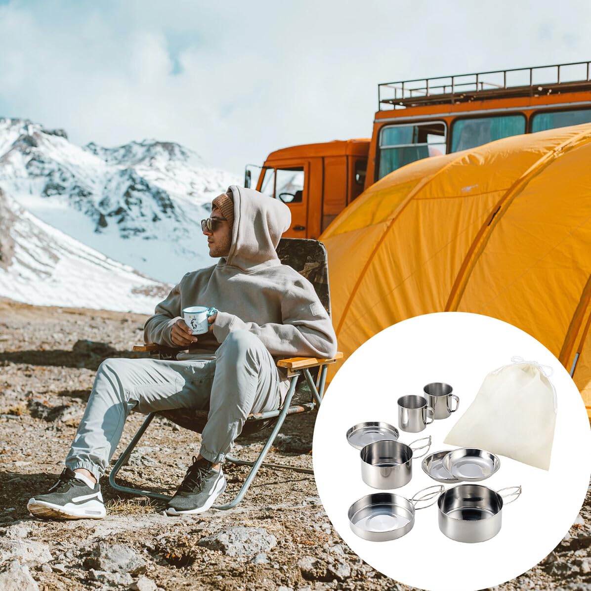 ULTECHNOVO Set Poêle D'ustensiles Cuisine de Camping en Acier Inoxydable Marmite et Assiettes Pliables, pour Randonnée et Camping en Plein Air