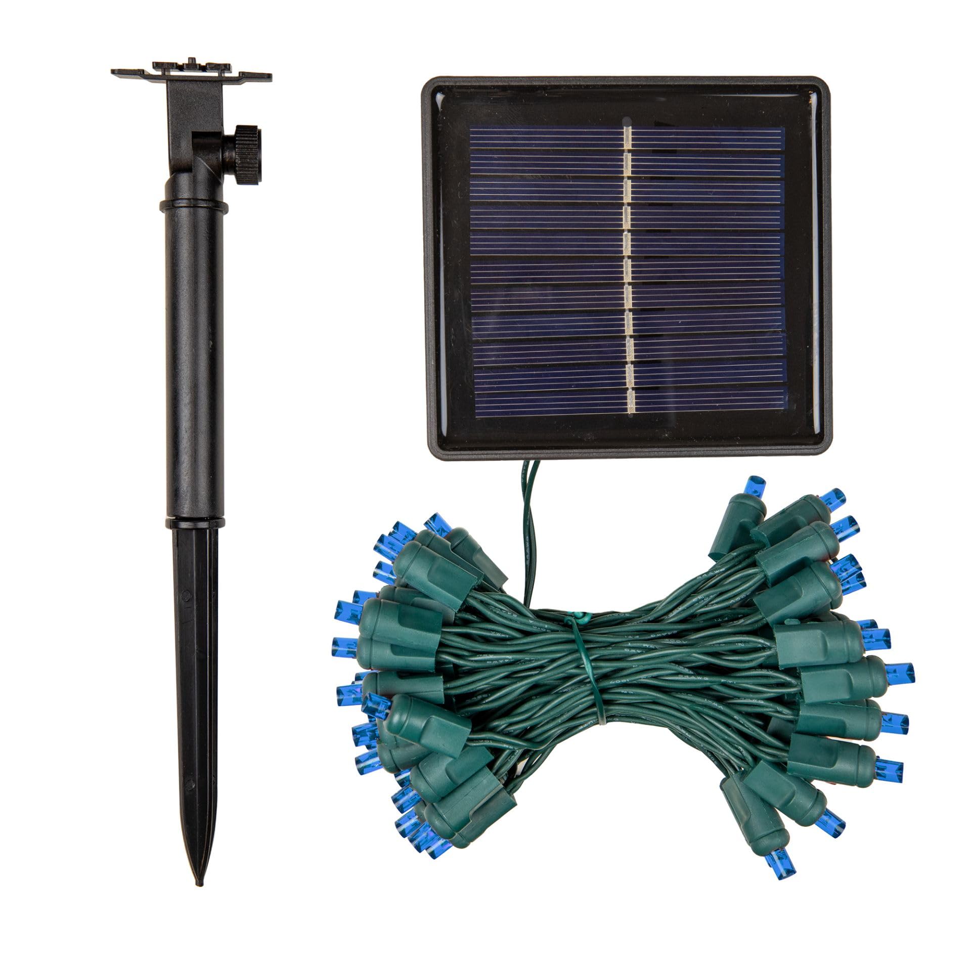 Novelty Lights 50 świateł zasilanych energią słoneczną LED zewnętrzny mini łańcuch świetlny, 30 m na zielonym drucie, niebieskie żarówki 5 mm, automatyczna obsługa od zmierzchu do świtu