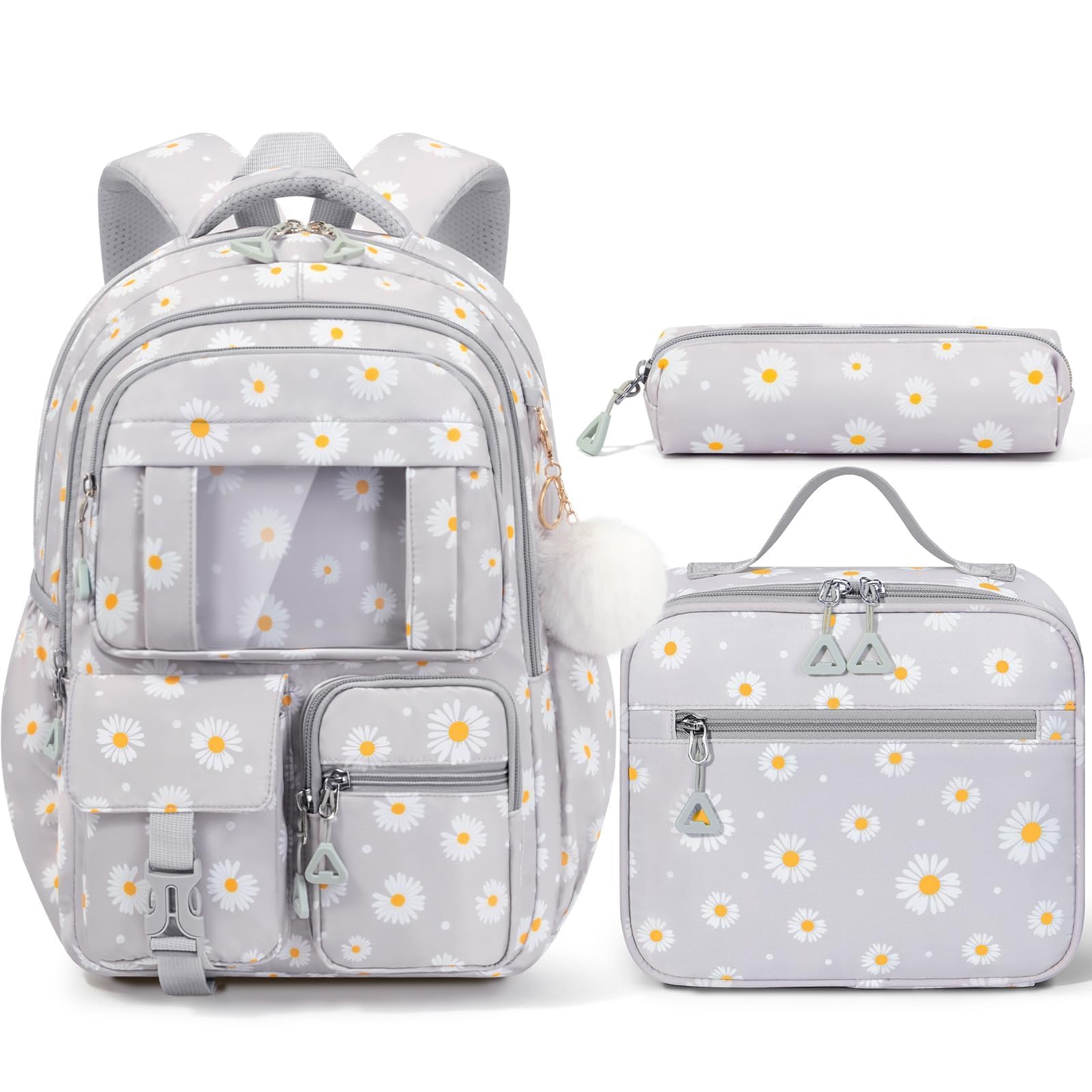 Fimibuke Backpack for Girls Boys, 3Pcs Waterproof Kids Backpack with Lunch Box & Pencil Pouch - Lightweight Multi-Pocket Daisy Bookbag for Elementary