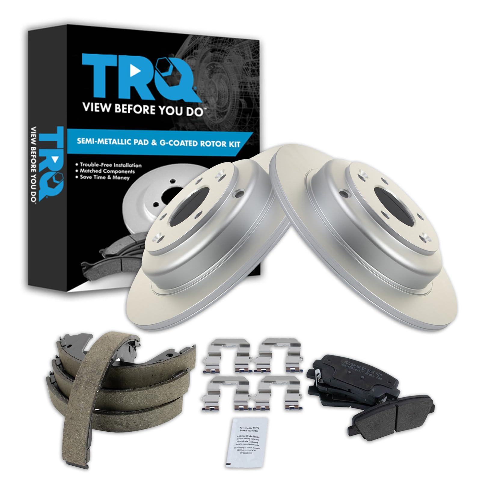 TRQ Rear Brake Pad and Rotor Set Semi Metallic G Coated Rotors Parking Shoe Compatible with 2010-2014 Hyundai Genesis Coupe