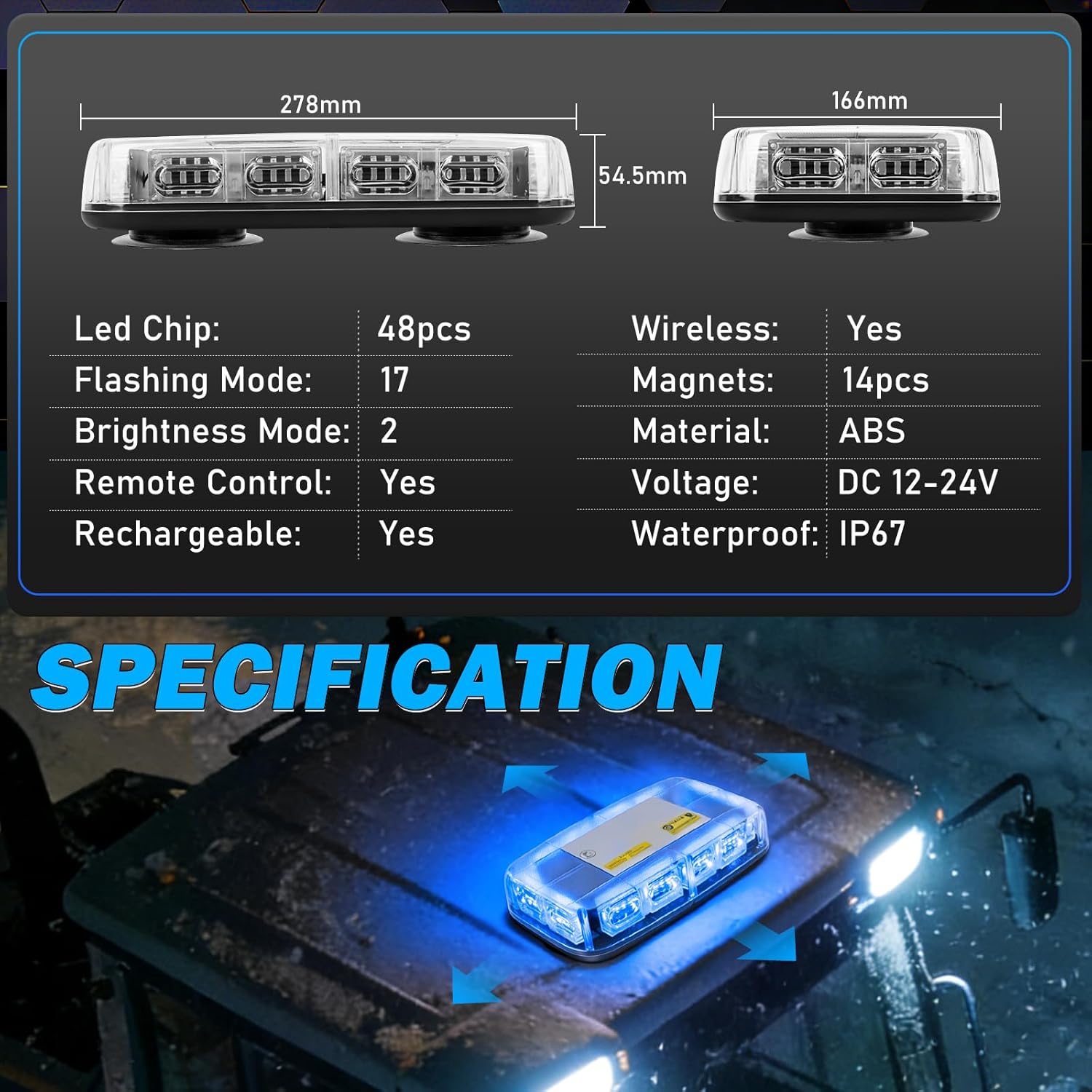 Wireless Led Strobe Lights Remote Control Rechargeable Battery, 17 Flashing Mode, 2 Brightness Mode, 48-Led, Beacon Roof Top Flash Emergency Flashing Warning Light for Vehicles Trucks, 1PC Pack, Blue