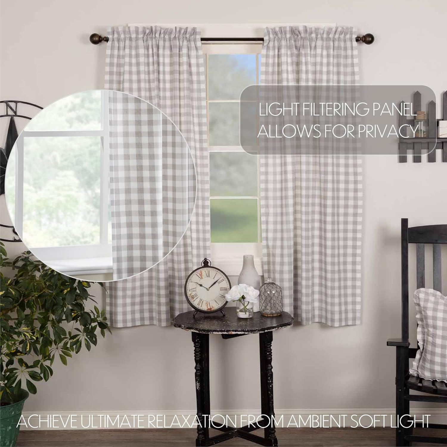 VHC Brands Farmhouse Window Annie Buffalo Check White Lined Short Curtain Panel Pair, 63x36, Grey