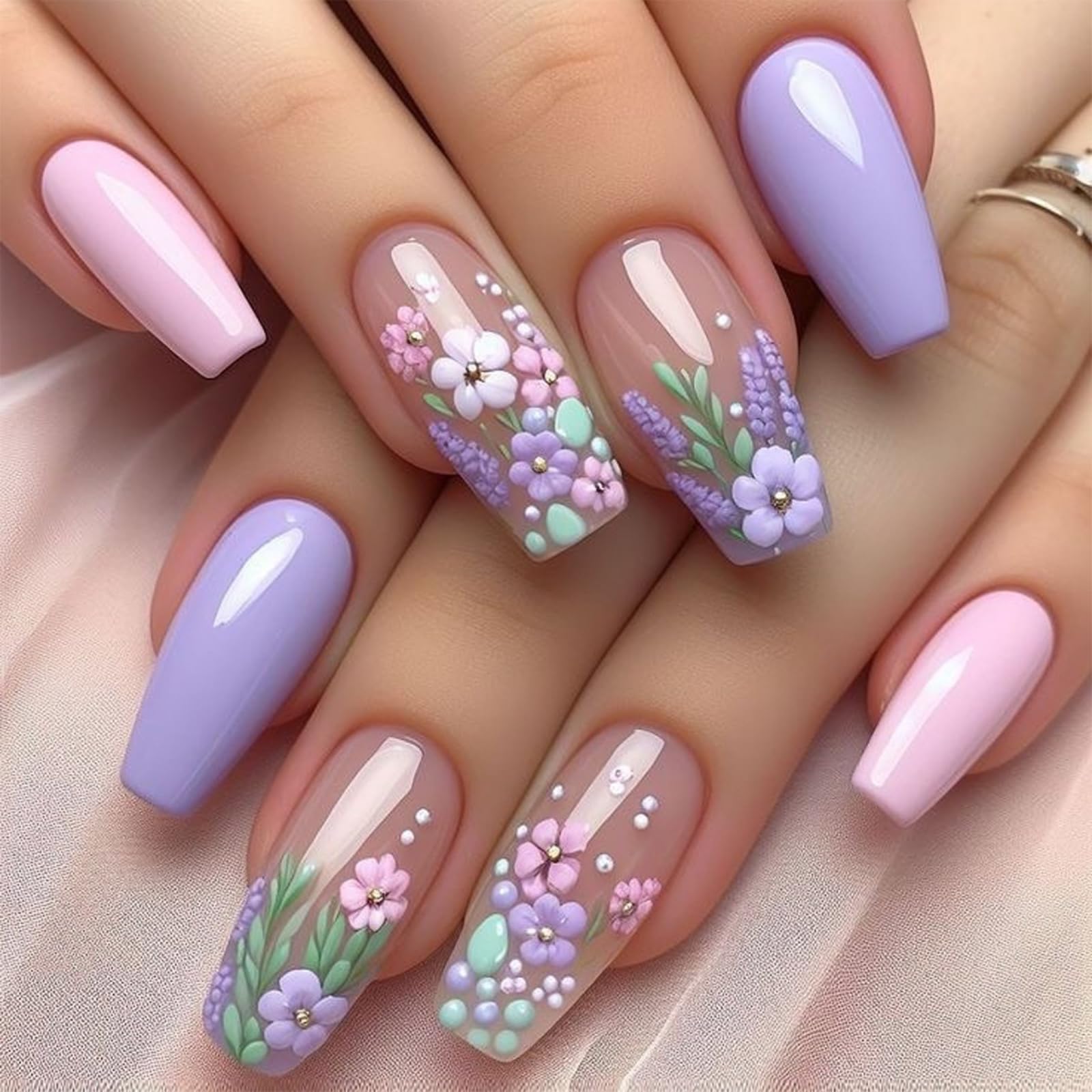 Flower Press on Nails Medium Coffin Fake Nails with Lavender Purple Pink Flowers Design Cute Spring Summer Floral Glue on Nails Glossy Full Cover Pink