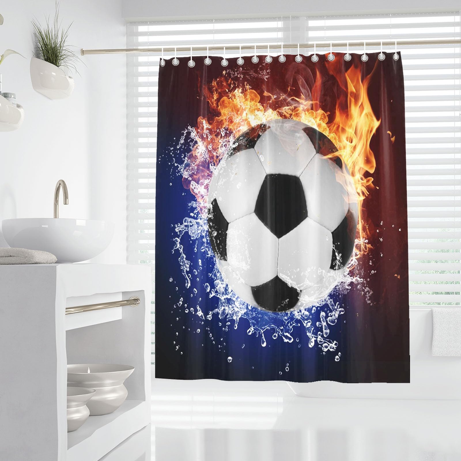 Fußball Duschvorhang 180x180 180x200 Sport Thema Fußball Duschvorhang Textil 3D Fußball Duschvorhänge Mit 12 Ringen Für Jungen, Kinder (1,180 x 200 cm)