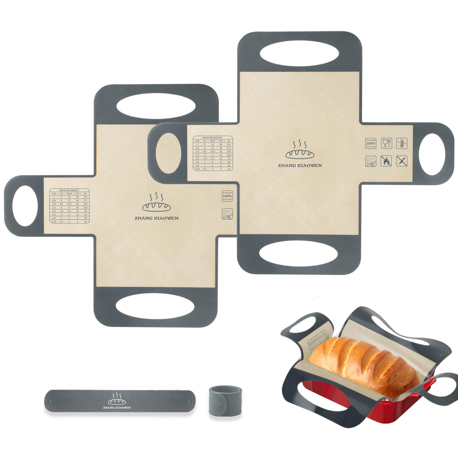 Reusable Silicone Bread Loaf Pan Liner - Food-Grade Non-Stick Dough Transfer Tool with 4 Handles, Perfect Fit for 9x5” & 1.5lb Loaf Pans, Easy Clean & Dishwasher Safe(2-Pack) (Gray)