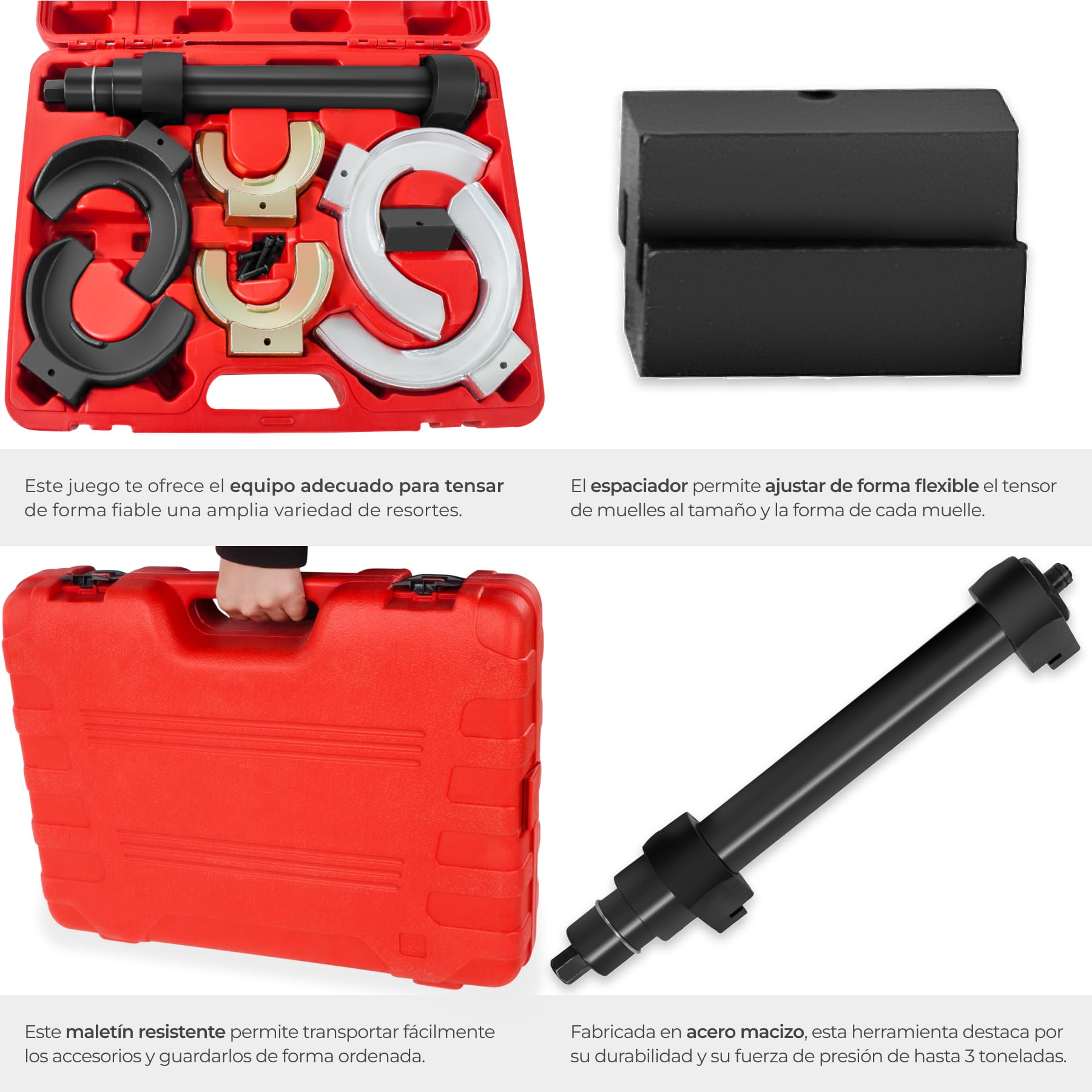 tectake® Compresor Muelles Amortiguador Universal para Sistemas McPherson, Diámetro 80-190mm, Compresor de Muelles Amortiguador con Apertura 300mm, 3 Cabezales de Sujeción, Práctico Maletín