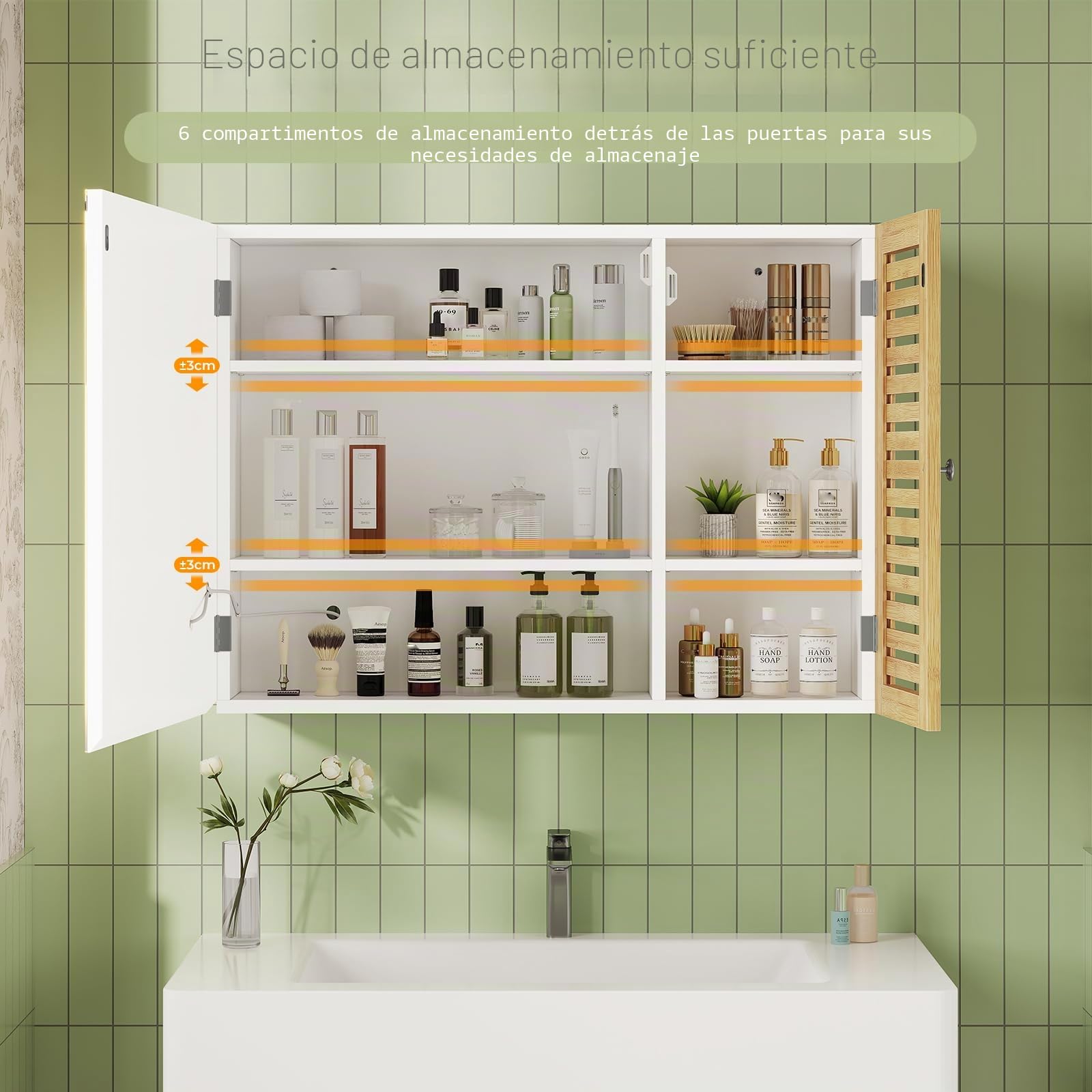 Armario con espejo para baño con iluminación, armario de baño con espejo, armario con 6 estantes, 4 estantes ajustables, armario colgante con puerta de bambú, 80 × 60 × 16 cm