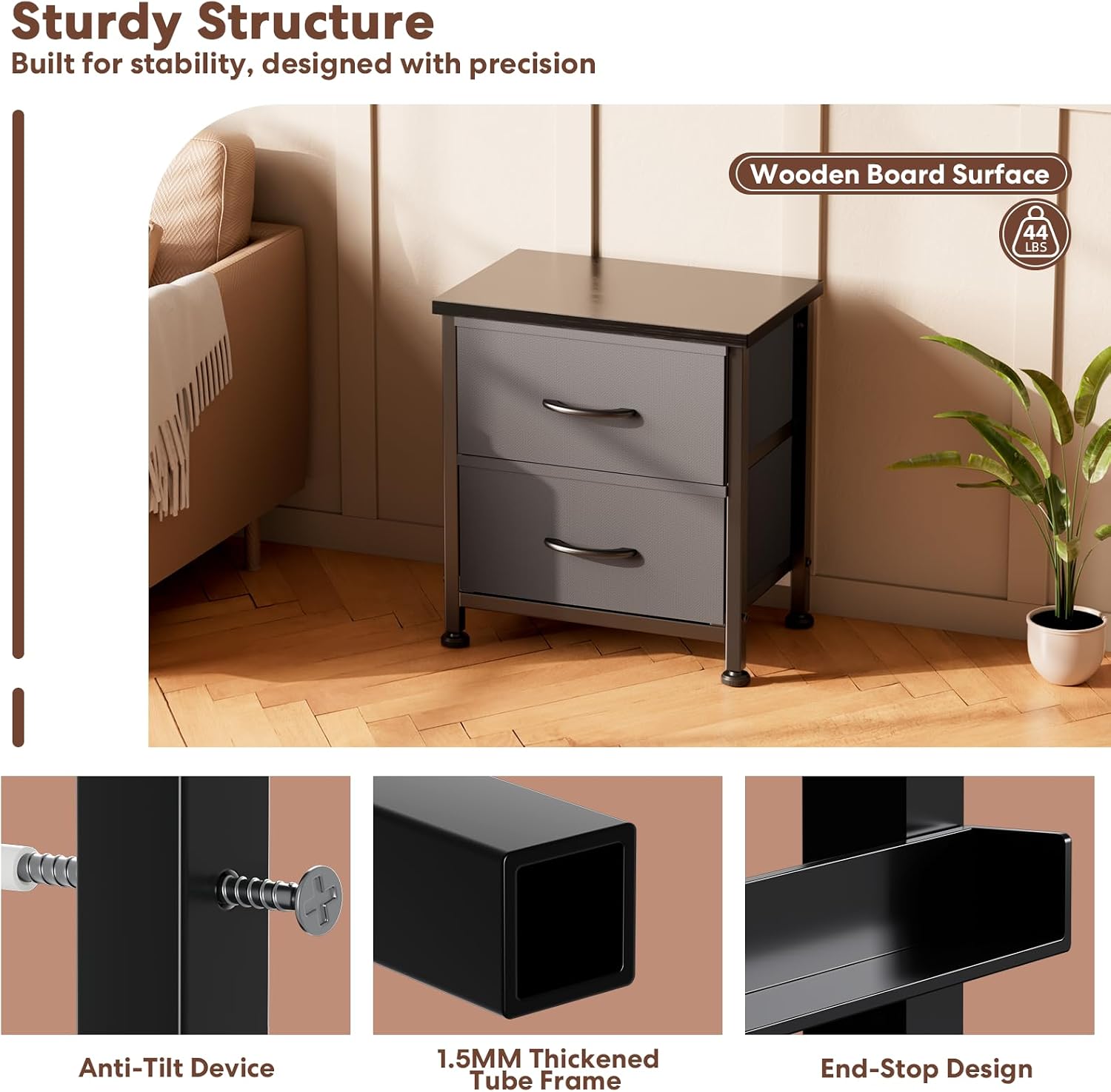 Simple Deluxe Nightstand 2 Drawers Dresser for Bedroom, 3-Tier Bedside Table with Fabric Bins, Night Stand Set 2, End Table for Living Room, Adjustable Feet, Wood top Load-Bearing up to 44 lb, Gray