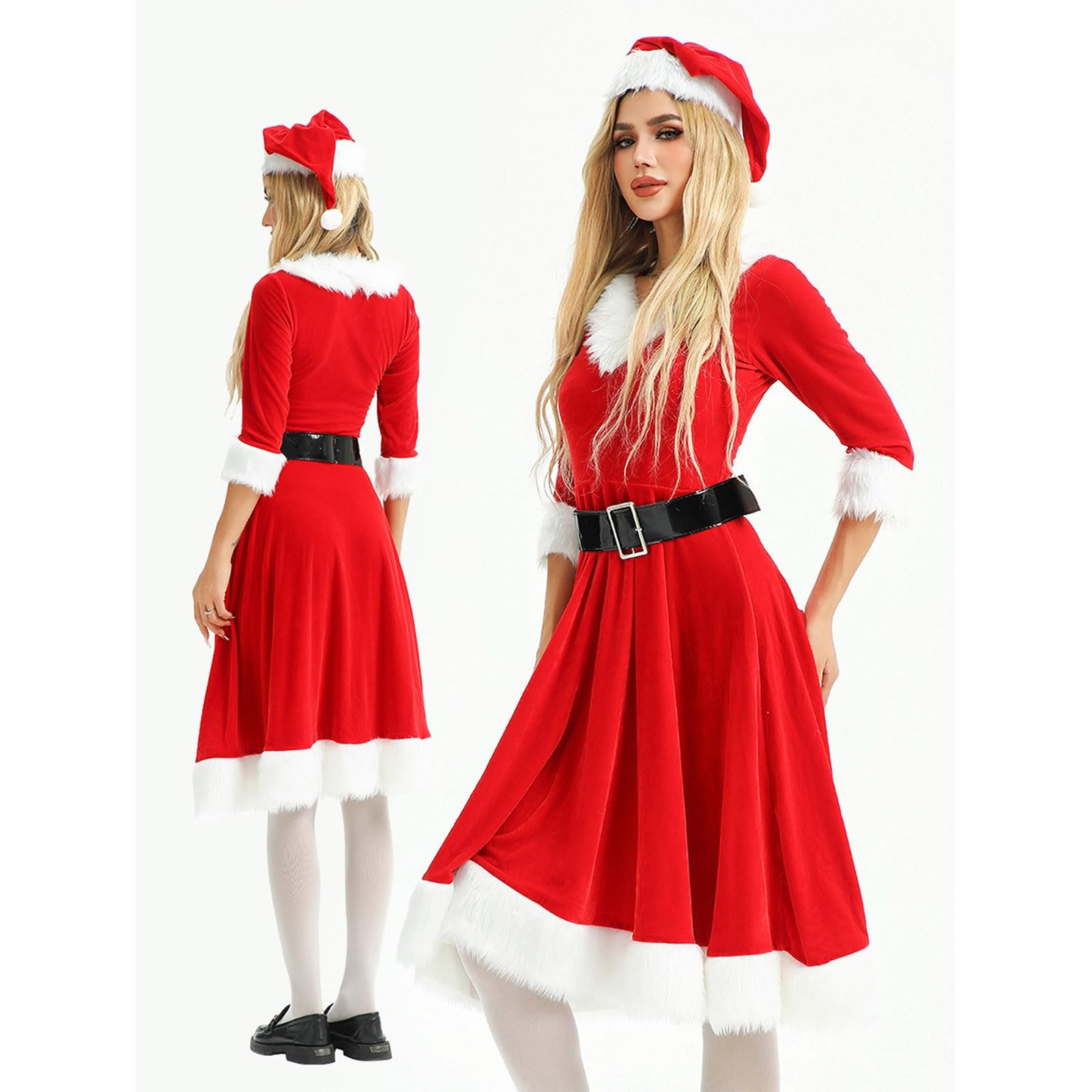 HHRLCH Elegancka sukienka kostiumowa na przyjęcie świąteczne Występ Strój Cosplay Świętego Mikołaja Piękny czerwono-biały na imprezy bożonarodzeniowe Przedstawienia sceniczne lub świąteczne spotkania