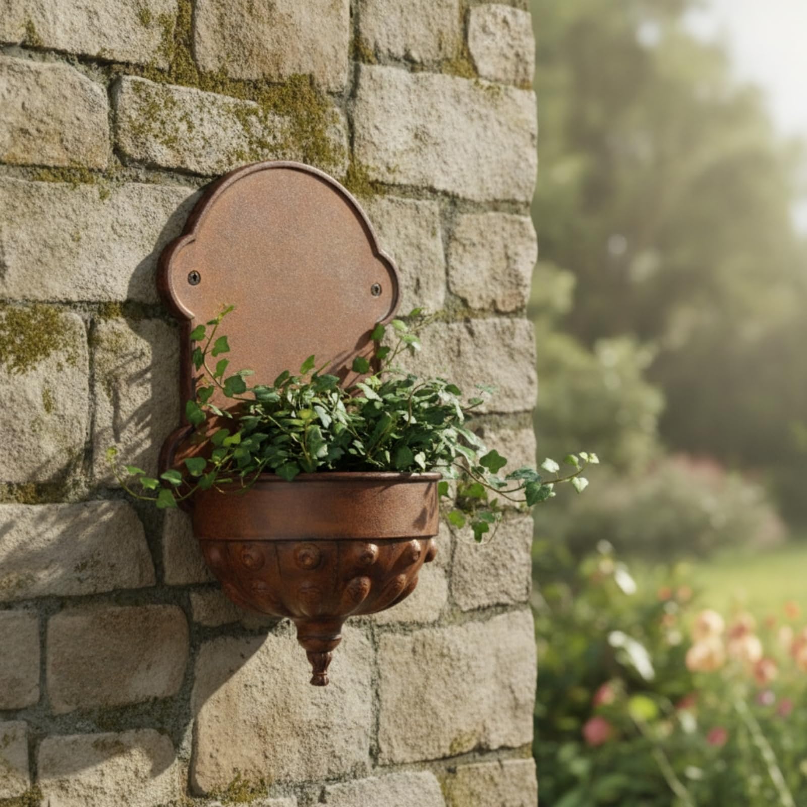 rockible Jardinière Murale Pot Suspendu Bac à Fleurs Pot Métal Effet Fer Forgé Robuste avec Finition Brune Patinée et Liserés Foncés Adaptée à Entrée Balcon Salon Couloir Décoration Intérieure 55cm