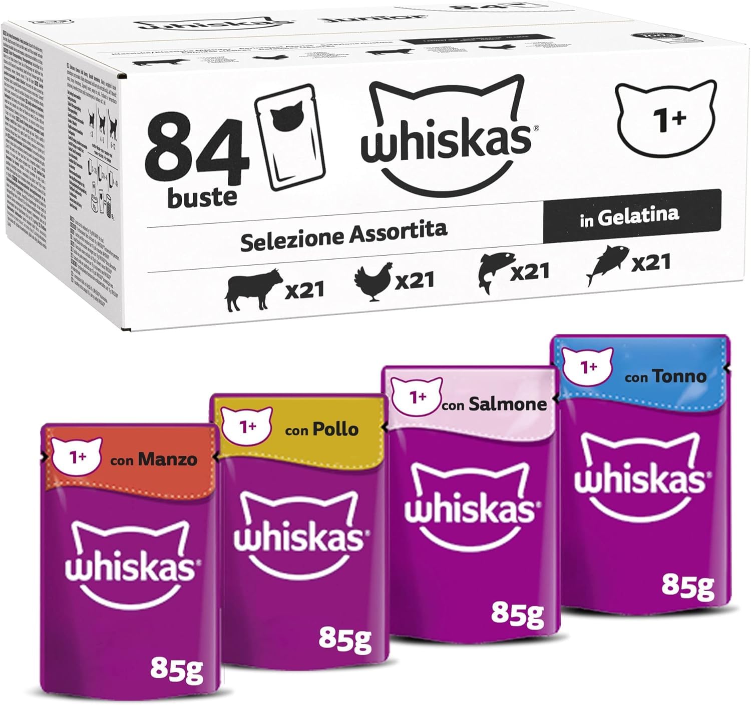 Whiskas Senior 7+ Katzennassfutter Gemischte Auswahl in Gelee & Adult 1+ Katzennassfutter Gemischte Auswahl in Gelee