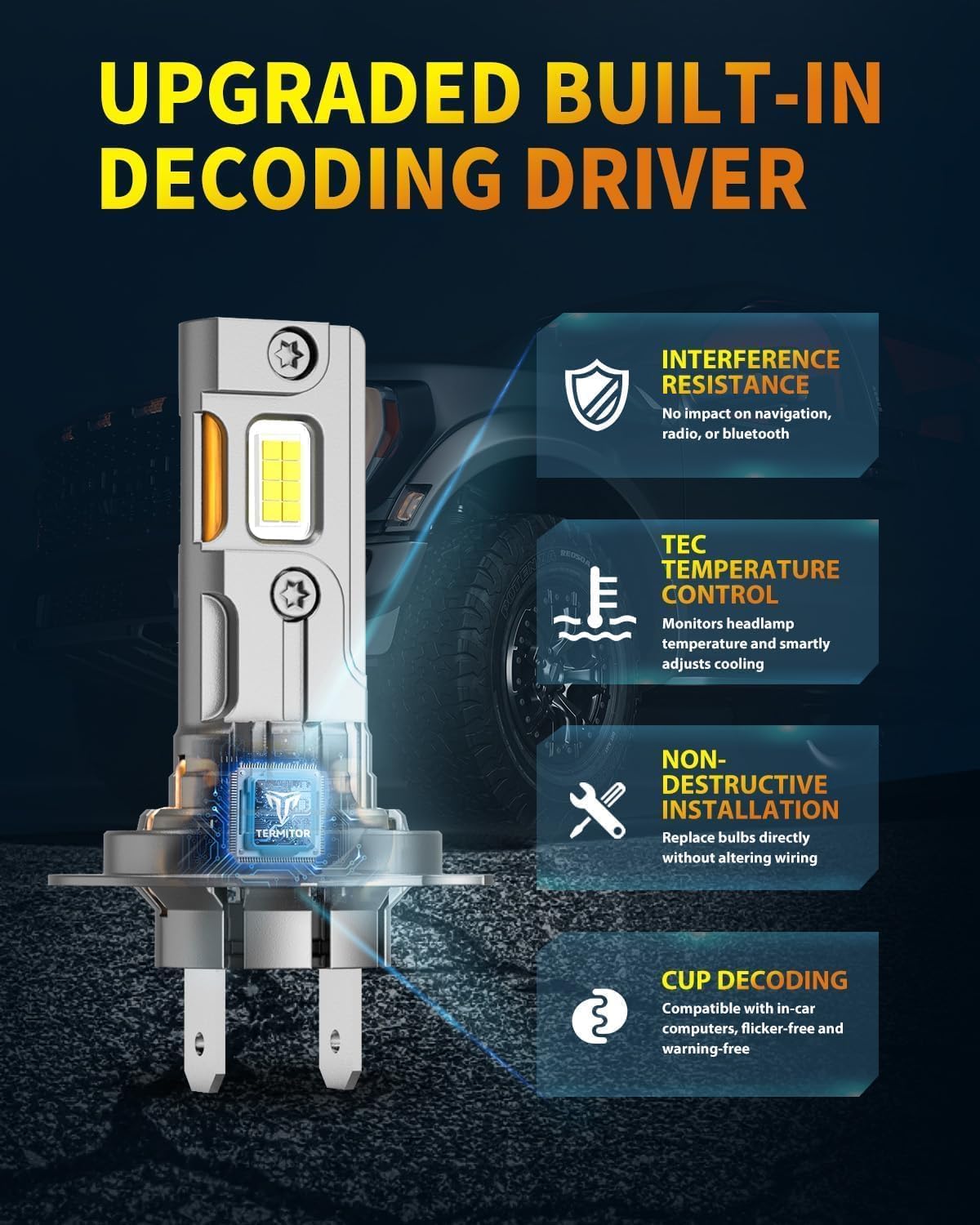 Termitor Latest H7/H7LL Bulbs, 50,000LM 900% Brightness, 6500K White Super Bright, 1:1 Halogen Size, 6500 Cool White H7 Fog Lights, No Adapter Required, Easy Install, Non-Polarity, Pack of 2