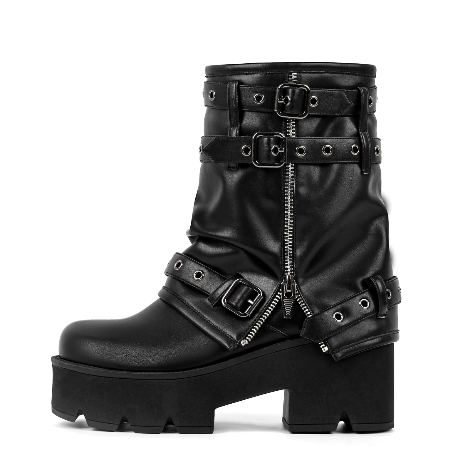 Only maker Womens Platform Ankle Boots Punk Block Heel Booties with Fold-Over Design Straps Buckles Grommet Zipper Detail