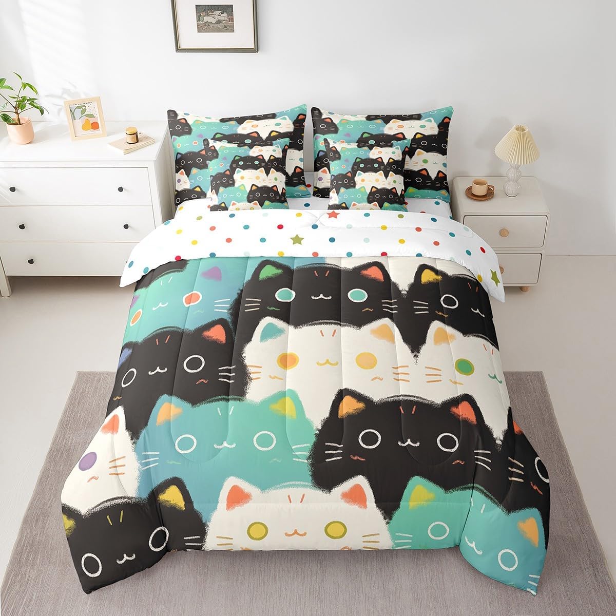 Erosebridal Black Little Cat Bed in a Bag Queen Comforter Set 7 Piece,Cute Pet Animals Bedding Sets,Kitten Sheet Set with Comforter Cartoon Bed Set,Kawaii Room Decor