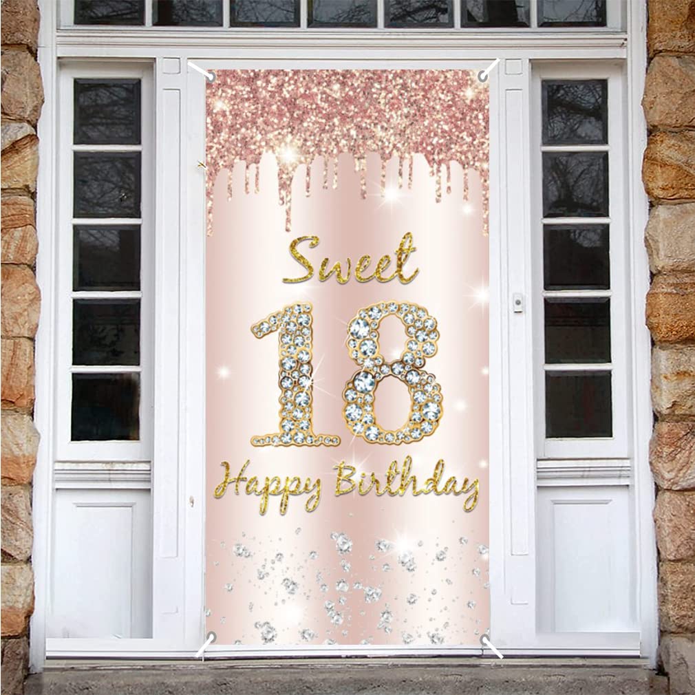 18. urodziny dziewczyna dekoracja, Door Banner Sweet 18 urodziny różowe złoto, materiał tabliczka 18. urodziny plakat z zawieszonym banerem, 18. urodziny banner dla dziewczynek dekoracja urodzinowa
