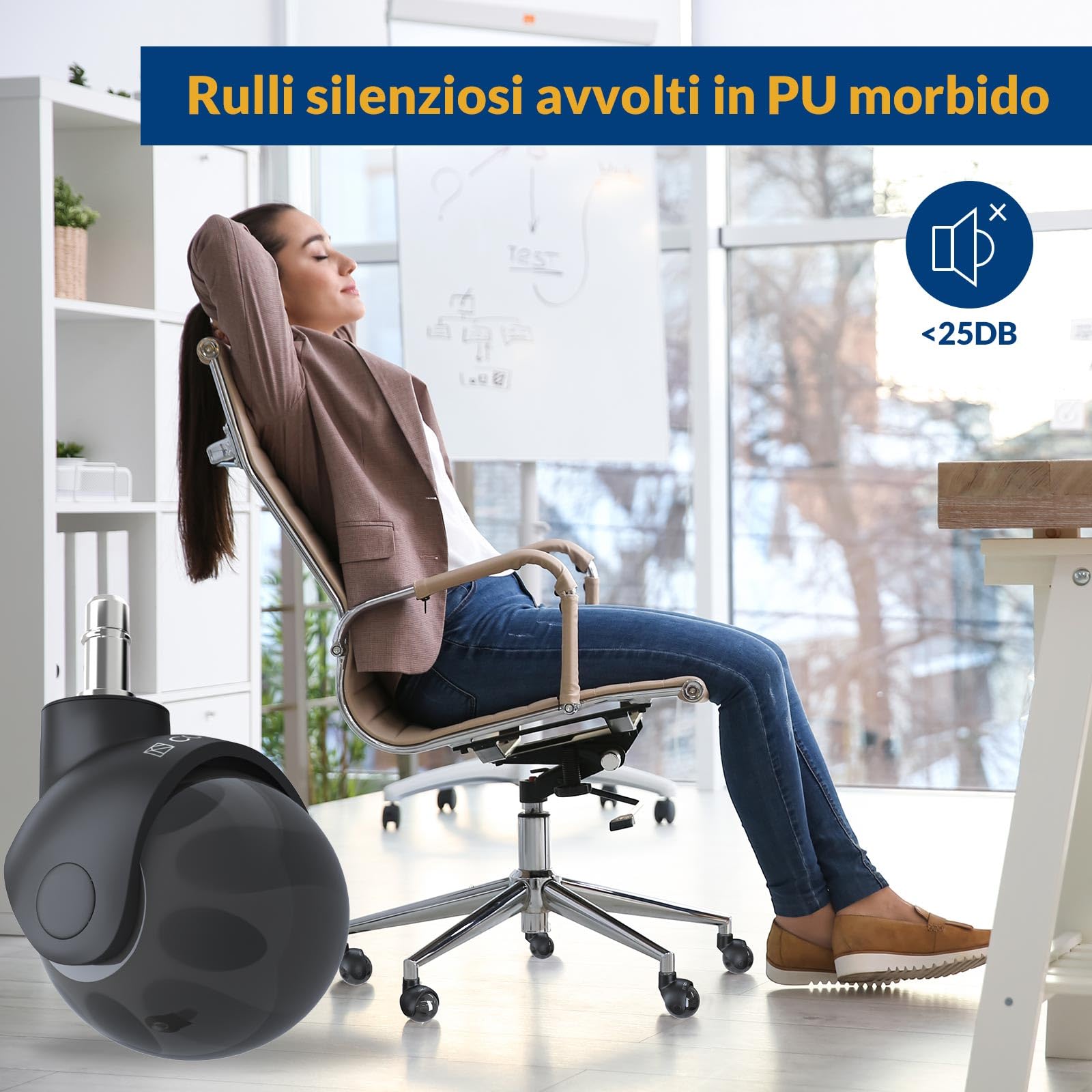 COSYLAND Ruote per Sedia Ufficio 11x22 mm – Set di 5 Ruote Sedia Ufficio Universali, Rotelle Girevoli in Poliuretano, Scorrimento Silenzioso, Anti-graffio (Nero trasparente)