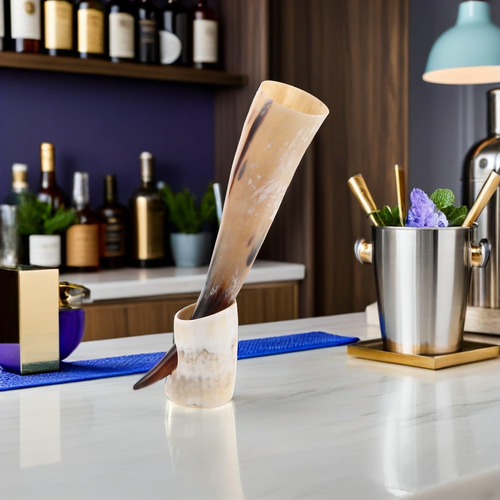 SHINEOFI Tazza da Bere in Corno di Bue Supporto Design Vichingo Unico Artigianato Autentico per Birra e Collezioni
