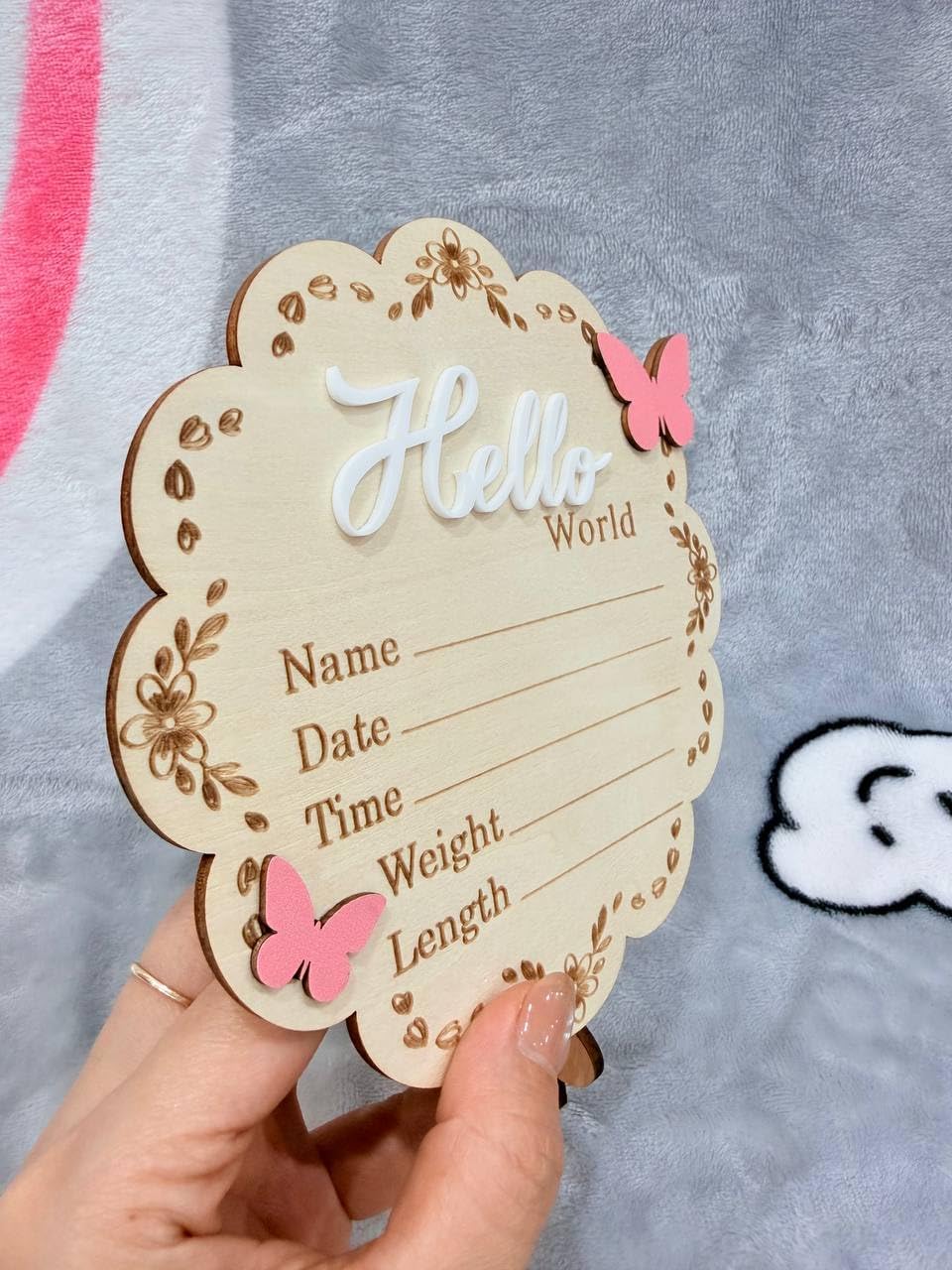 Butterfly Wooden Birth Announcement Sign for Newborn Girl - Hello World Floral Name Plaque for Hospital - Baby Birth Stats Board with Pink Butterflies - Nursery Wall Decor Photo Prop Gift