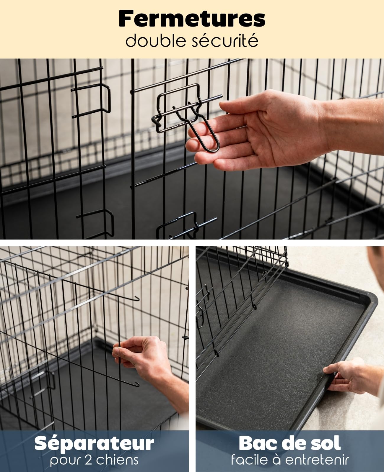 Caisse de Transport pour Chiens et Chats, Cage Polyvalente avec Bac en Plastique, 61x44x51 cm, Métal, Noir