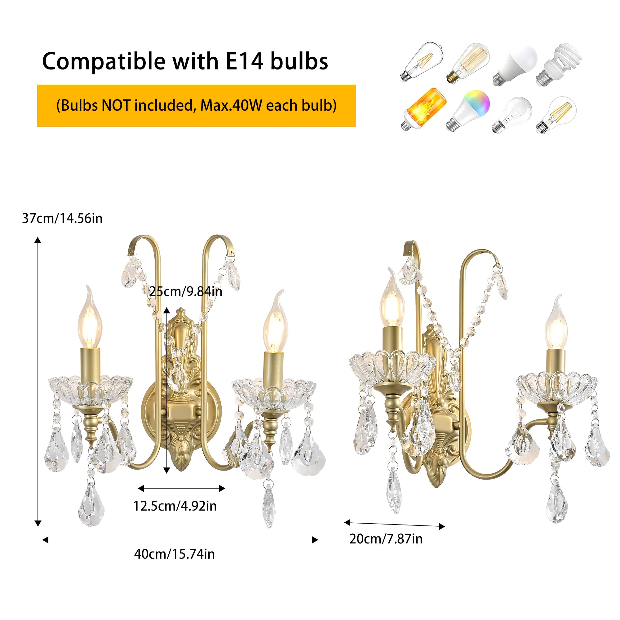 Ganeed Crystal Wall Lights Antique Retro Vintage French Style Rustic Indoor Wall Lamps for Hallway Porch Landing Foyer 2 Light E14 Champagne Gold (1 Pack) - Image 3