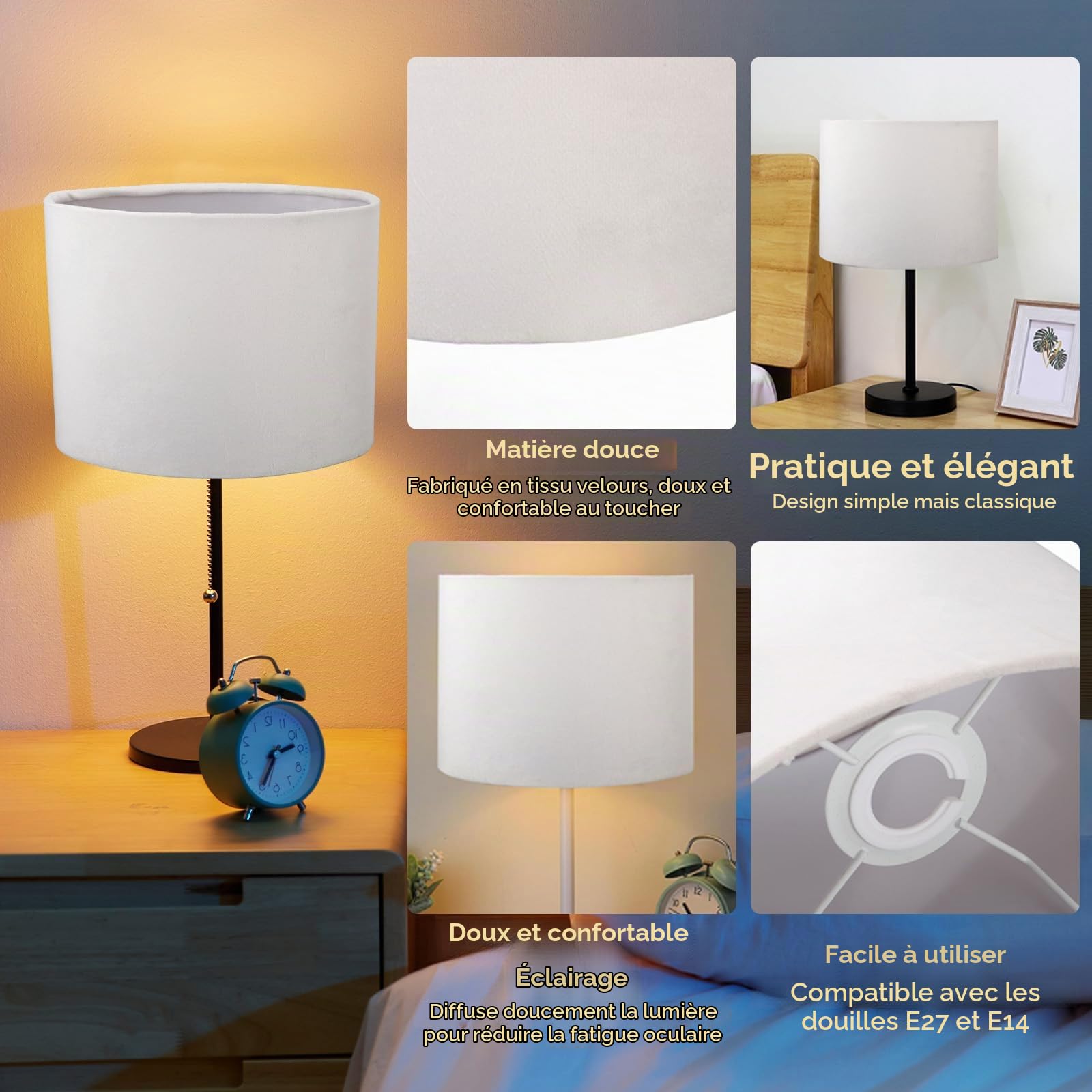 Abat Jour Ovale, 12.5×18×23cm Universel E27 E14 Moderne Abat Jour en Tissu, Petit Couvercle de Lampe pour Lampe de Chevet de Table(Blanc)