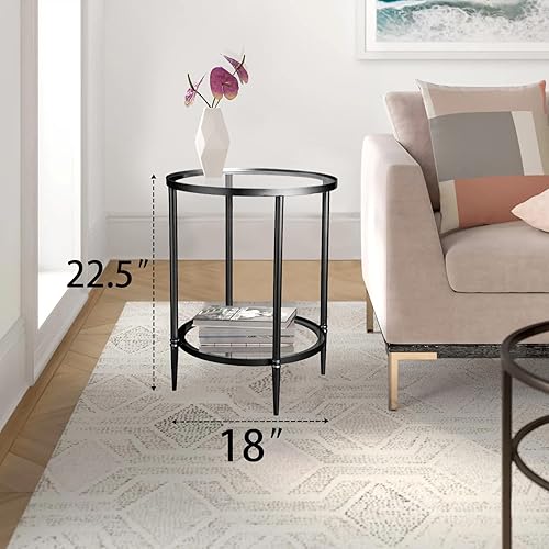 Miniatura 3 de Mesa auxiliar redonda de 2 niveles, mesa auxiliar negra con parte superior de cristal, mesa de centro moderna de metal transparente, mesa decorativa