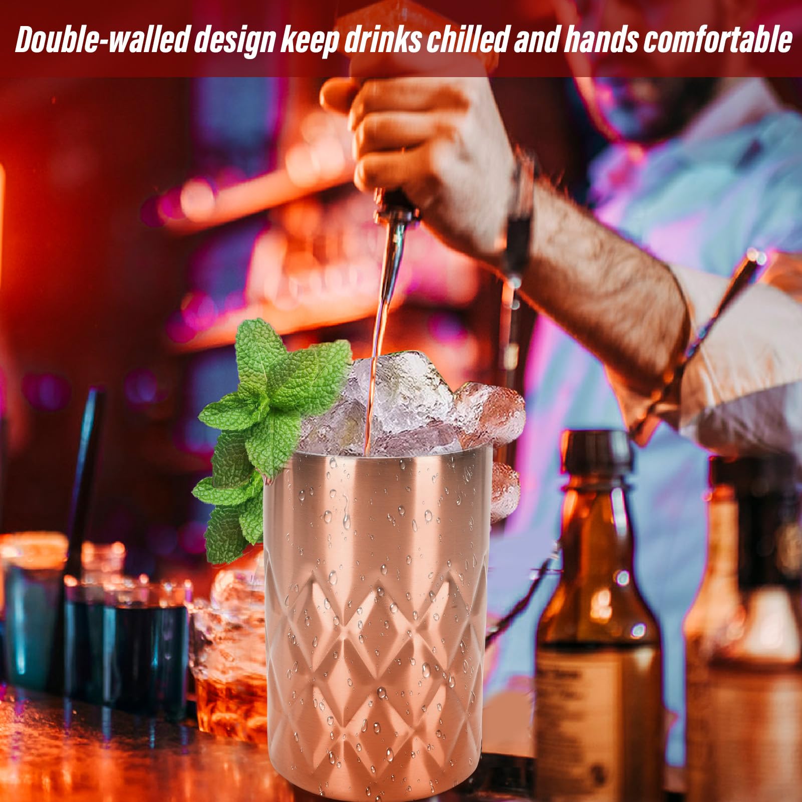 Double Walled 304 Stainless Steel Mixing Glass for Bartenders 540ml, Mixing Glass Home Bartender Bar Whiskey Martini Drink Shaker Accessories (Plated Copper)