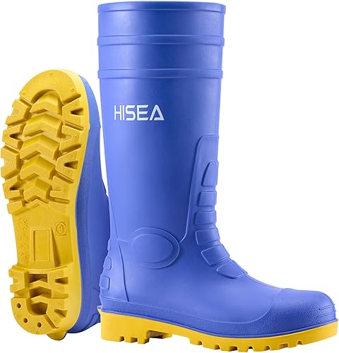 HISEA Botas de lluvia con punta de acero para hombre, botas de goma de PVC, botas de trabajo impermeables para pesca en jardín, botas de trabajo al