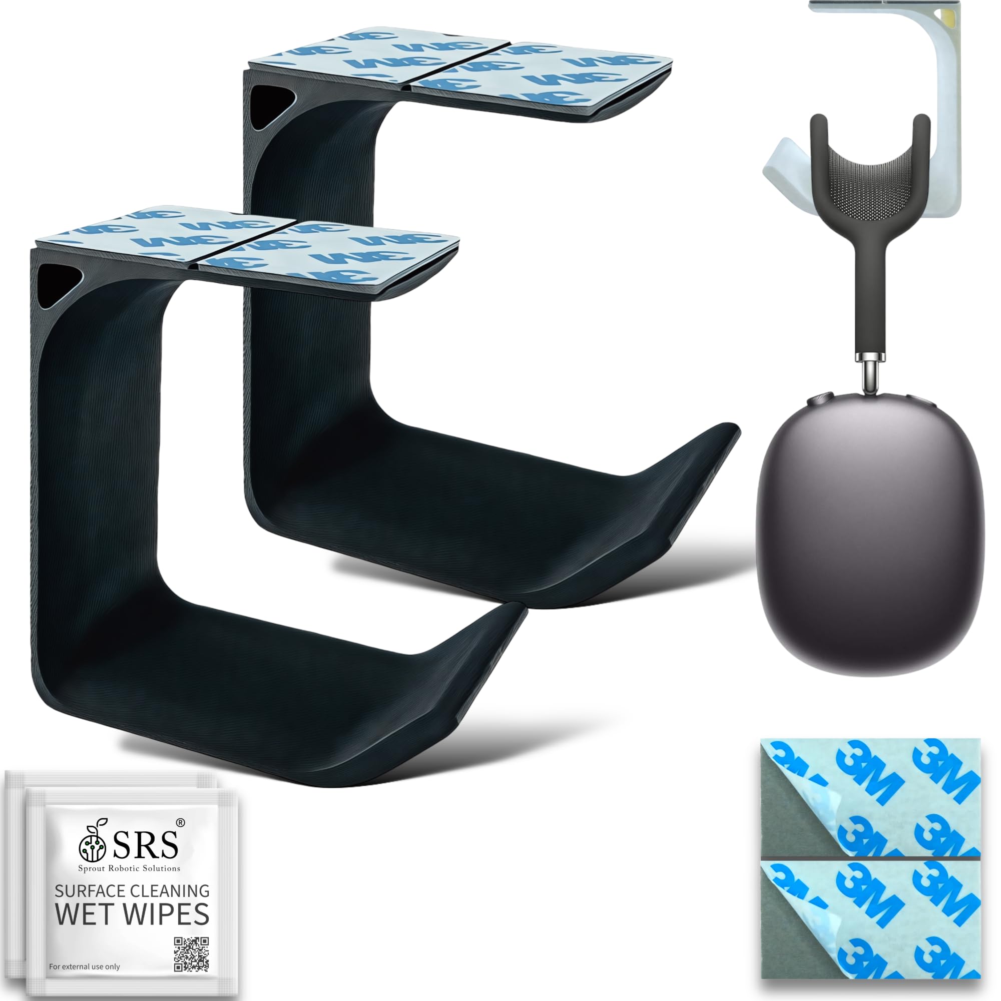 SRS® Headphone Stand Holder | Under Desk Hook & Cable Organizer | Stick-On Adhesive | Superior-Grade ABS | Includes Surface Cleaning Wipes for Easy Setup & Organization (Black, Pack of 2)