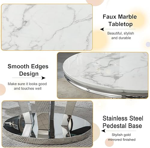 Miniatura 5 de Juego de 4 mesas de comedor redondas de mármol para 4, mesa de cocina redonda moderna y sillas de terciopelo beige, mesa de comedor de mármol blanco