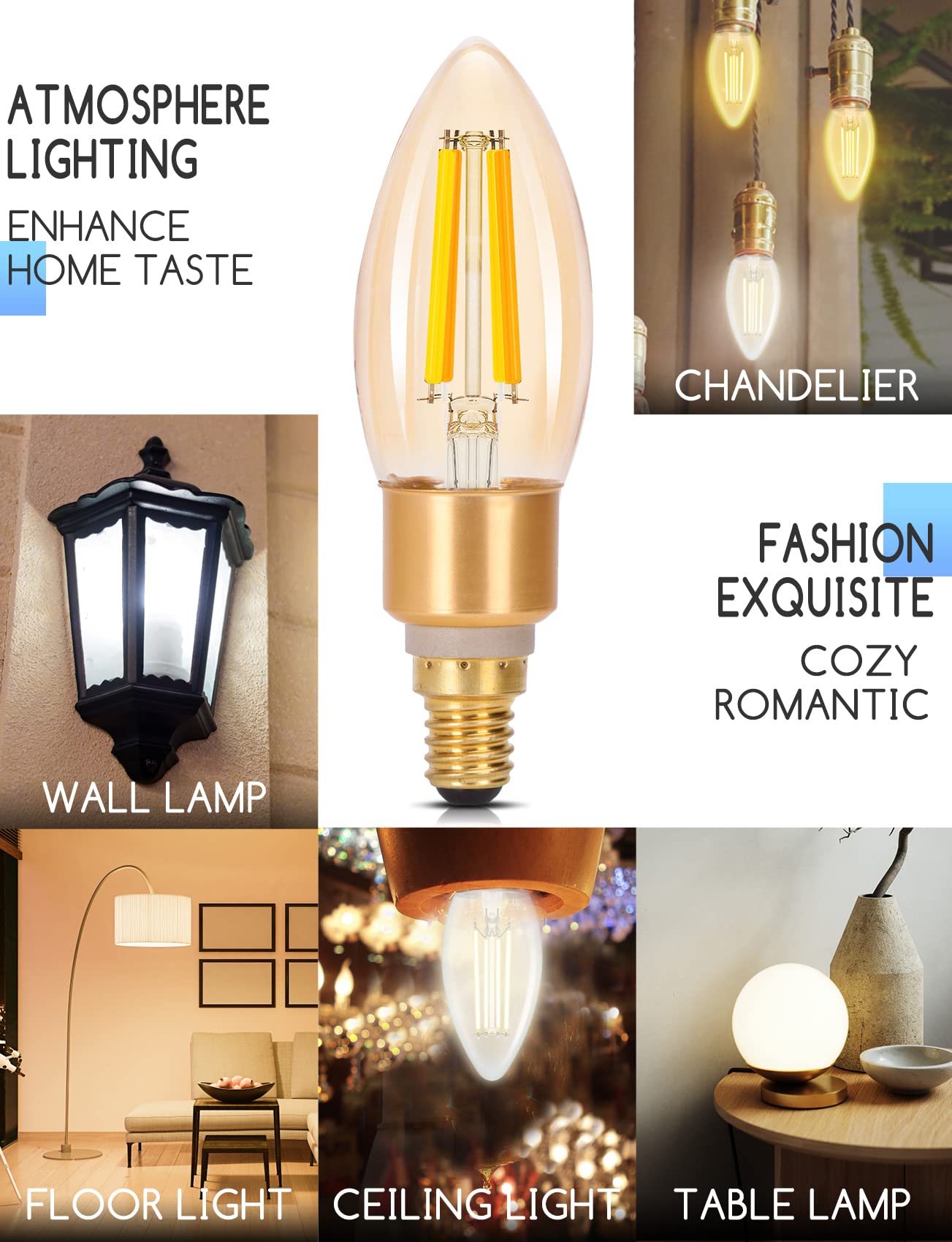 Aigostar Edison Bombillas Alexa LED E14 Bombillas Inteligentes 4.5W 470LM WIFI Bombilla Vintage C35 Bombillas Filamento Regulable 2700K-6500K, compatible con Alexa/Google Home. ámbar 10 pack