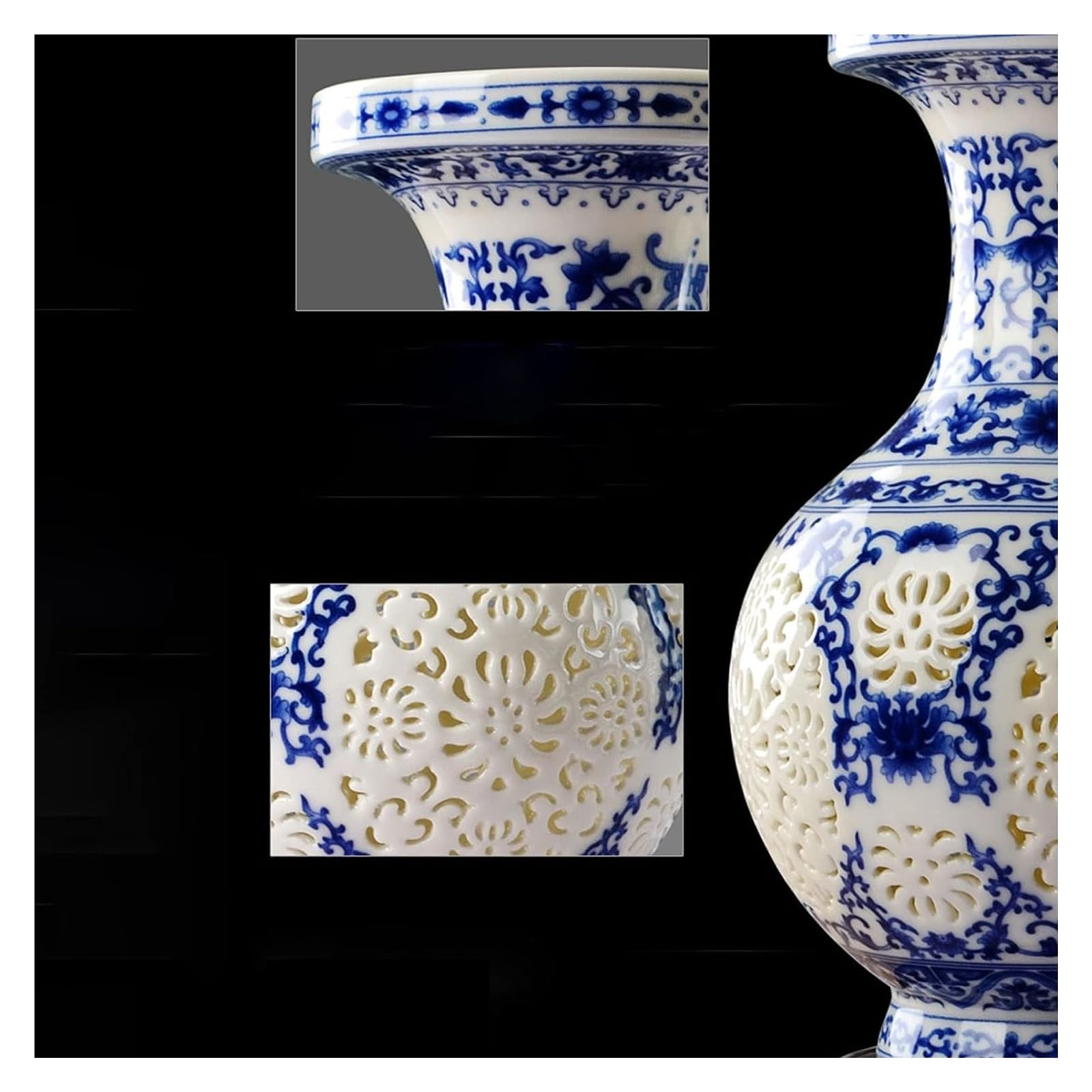 Vase Tischvase Vase Keramik handgefertigt hohl geschnitzt blau und weiß Porzellan Klassische Vase inklusive Sockel Blumenvase 28cm(