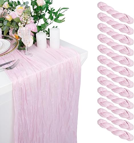 Babenest Camino de mesa de tela de queso rosa claro de 10 pies, paquete de 12 caminos de mesa bohemios para decoración de despedida de soltera, baby