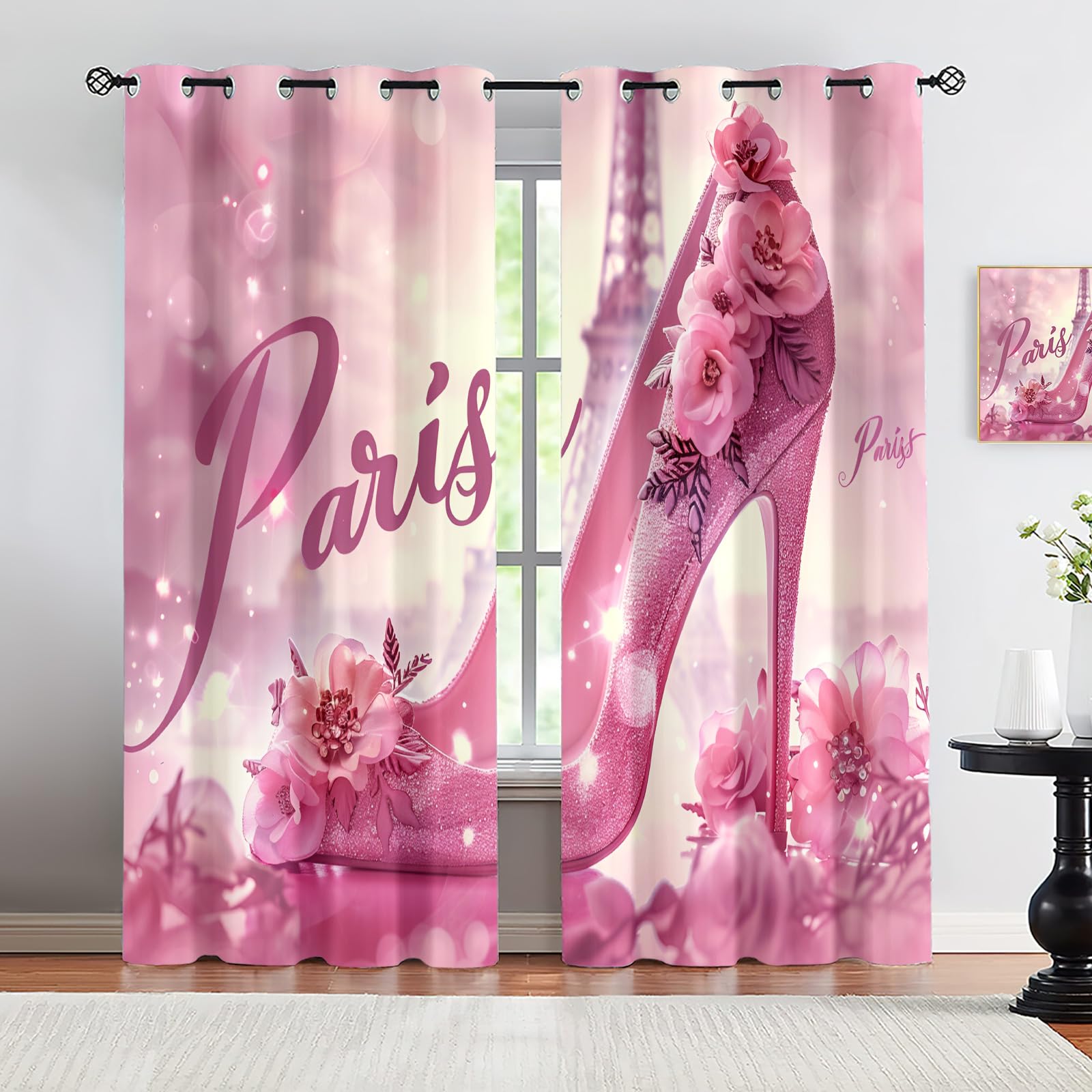Rideaux thermiques insonorisants rose Tour Eiffel 140x180cm | Lot de 2