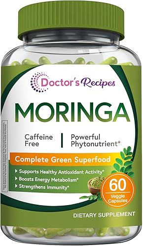 Doctor's Recipes Moringa 11,000 mg de potencia, Superalimento Verde Completo, Apoyo Antioxidante Natural, Sin OMG, 60 cápsulas veganas, Sin cafeína,