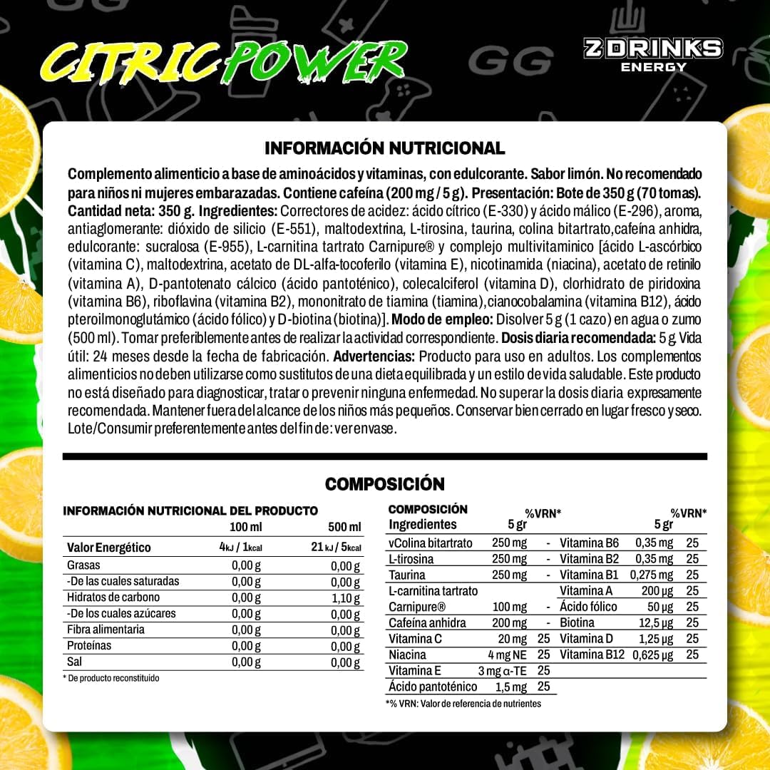 Z Drinks Energy Bebida Energética en Polvo 70 Servicios Sin Azúcar con Cafeína Minerales y Vitaminas Sabor Limón