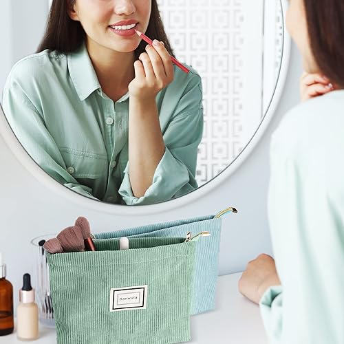 Miniatura 5 de Sanwuta Paquete de 4 bolsas de maquillaje de terciopelo, bolsa de cosméticos de pana de gran capacidad, bolsa de cosméticos con cremallera, bolsas