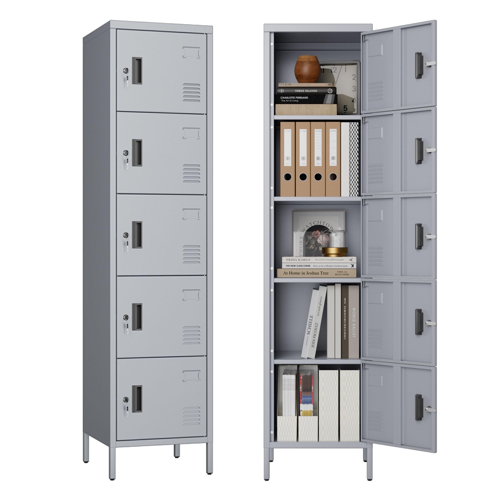 Aobabo 16" W 5 Door Metal Storage Locker with Lock, 66" H Steel Locker with Name Card Holder and Metal Leg for School, Home, Office, Playroom, Assembly Required, Dark Grey