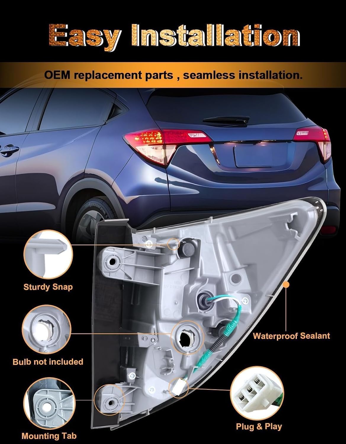 Driver Side Tail Light Assembly Compatible with 2016 2017 2018 2019 2020 2021 2022 Honda HRV, Left Taillight Set, Rear Outer Taillamp Replacement 3355T7SA01 33552T7WA31 HO2804109 HO2804119