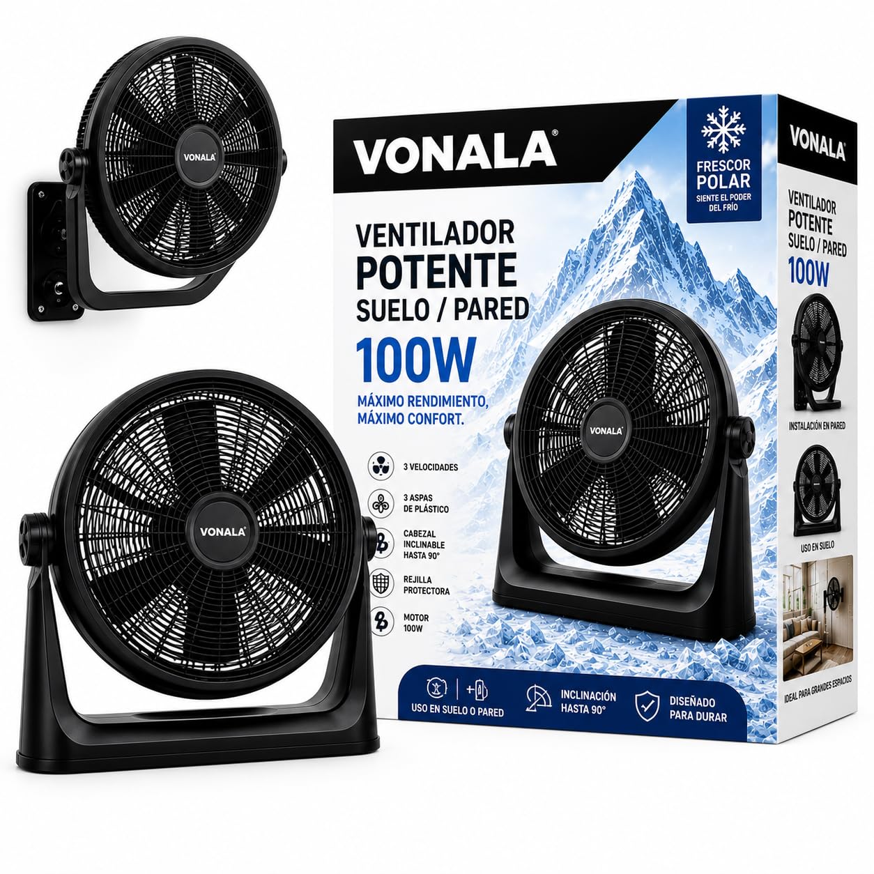 Vonala Ventilador de Suelo y Pared Industrial 100W Ventilador Potente 50cm Silencioso ABS Antivibración Fan Para Exterior e Interior Negro, Ventiladores Potentes Silenciosos